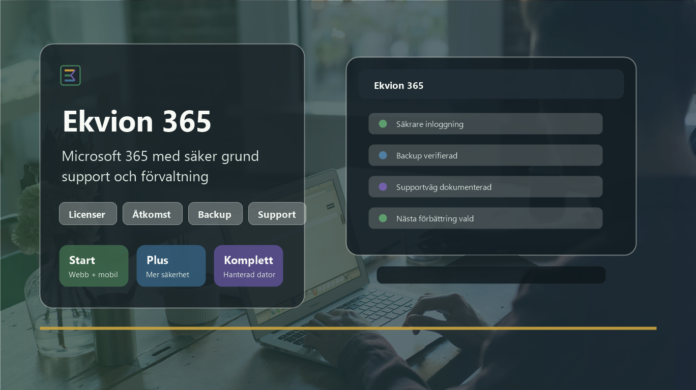 Ekvion 365 på en verklig arbetsplats med dator, dokument och Ekvion-identitet.